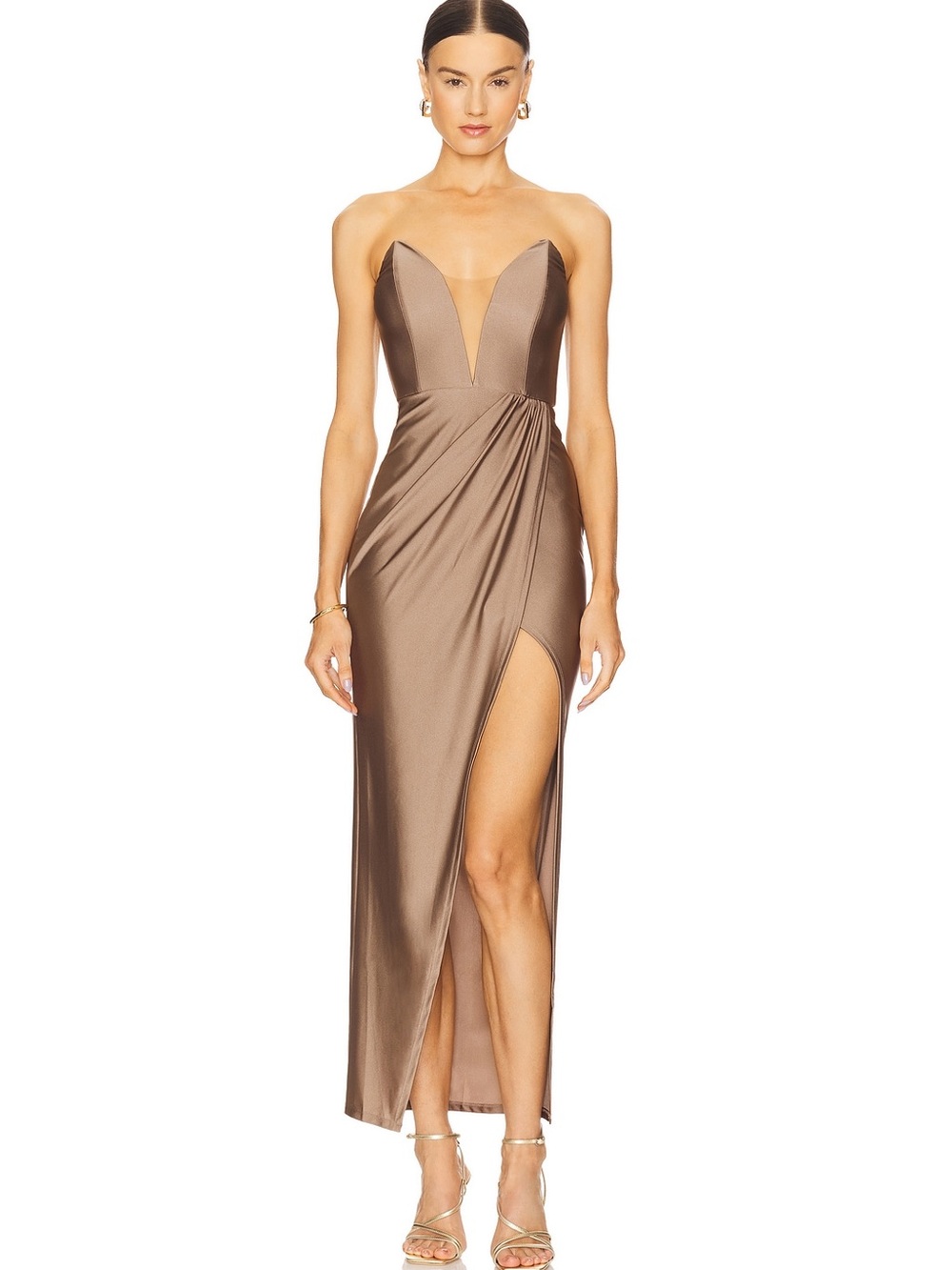 NWT Michael Costello X REVOLVE Jake Satin Taupe Gown Size XS Plunge Maxi Dress